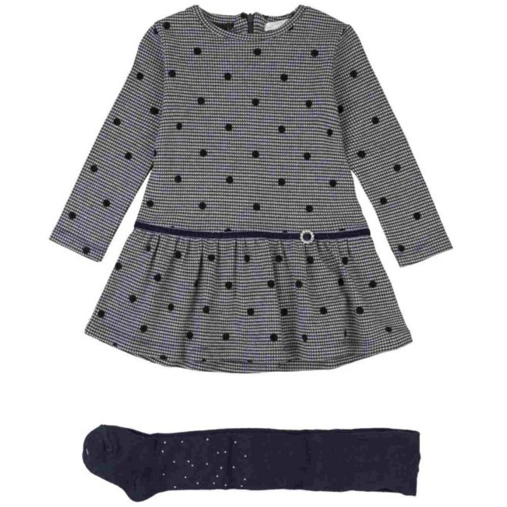 NWT LOSAN NAVY  DRESS IN INTERLOCK JACQUARD  AND  TIGHTS IN TRICOT WITH STRASS